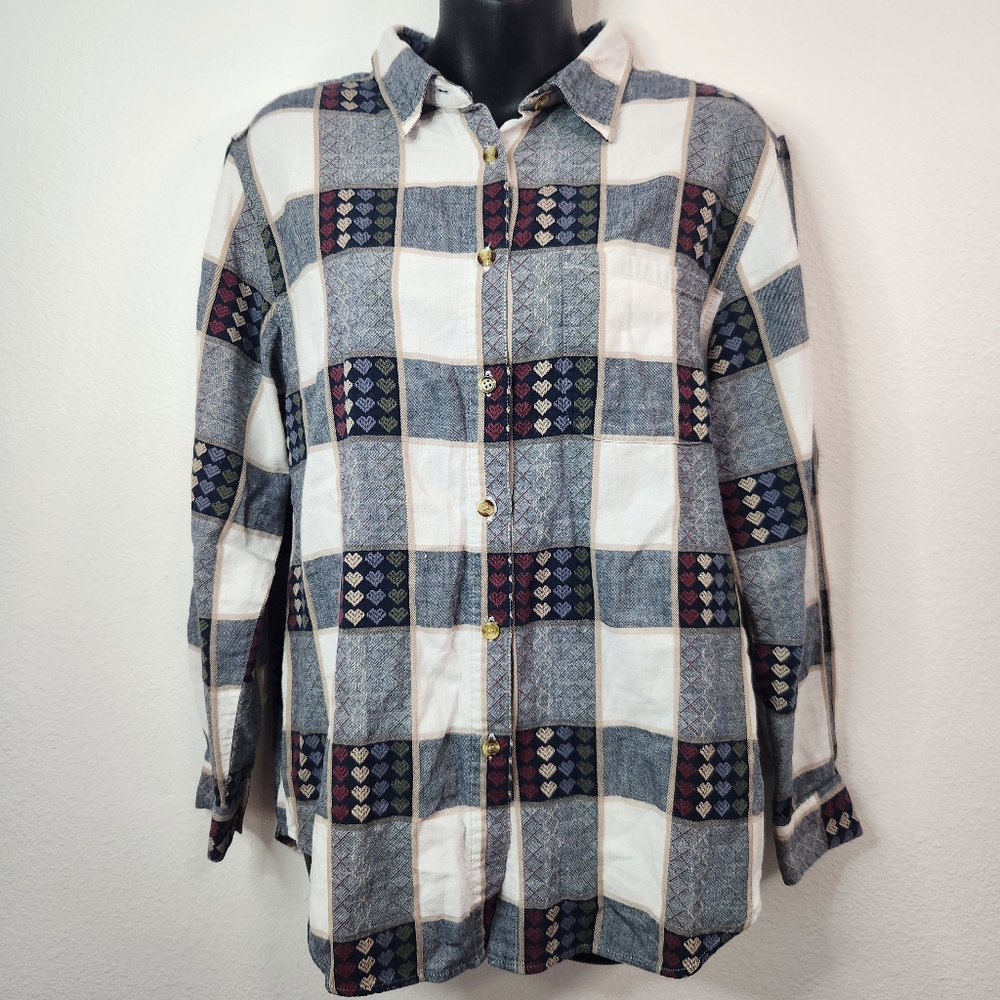 Whitefish Bay Vintage 70s 100% Plaid Heart Embroidered Button Down Shirt